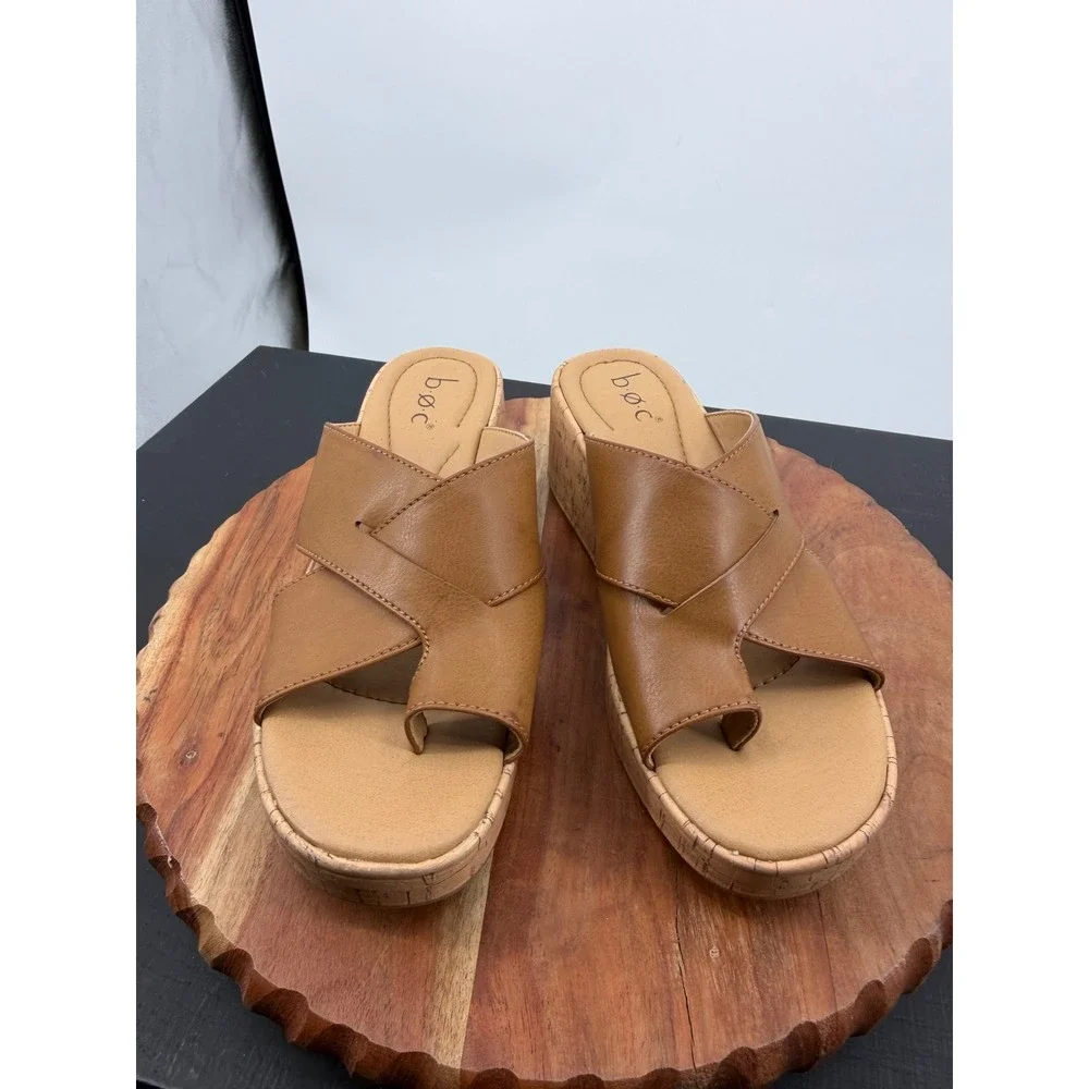 b.o.c. Born Concept sunny Wedge Sandals sz 8 Tan Cork Platform Slide BC0034216